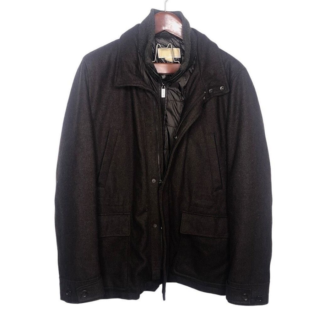 Michael Kors Men’s Brown Wool Peacoat 2-in-1 Built In Coat Jacket Large L